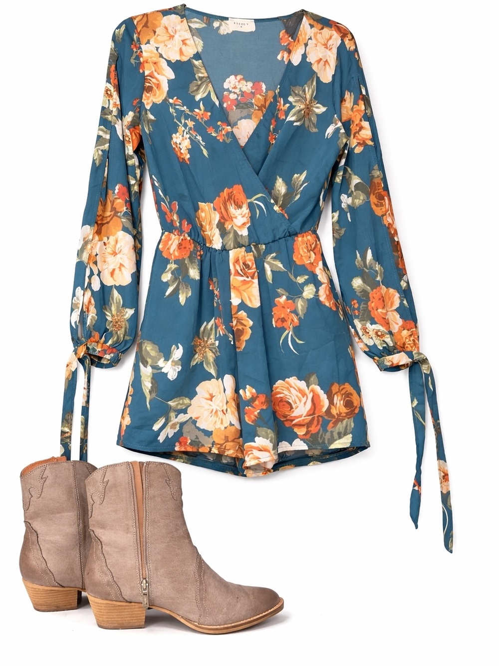 Floral Teal Long-Sleeve Wrap Romper